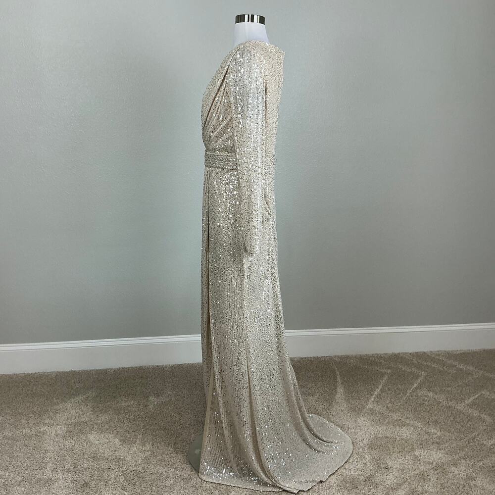Mac Duggal 26490 Champagne Silver Evening Gown Sequined Long Sleeve Dress Size 6 - Picture 6 of 11